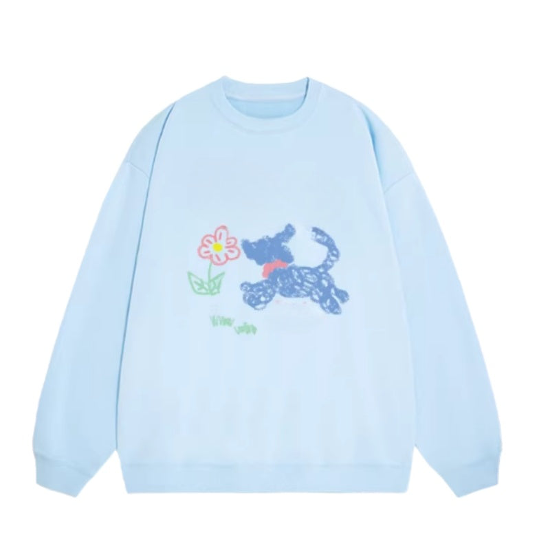 Blue Sweatshirt with Painted Puppy Print