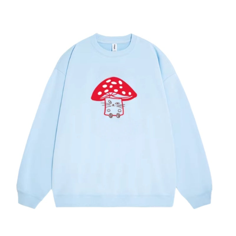 Blue Sweatshirt with Creative and Playful Mushroom Print